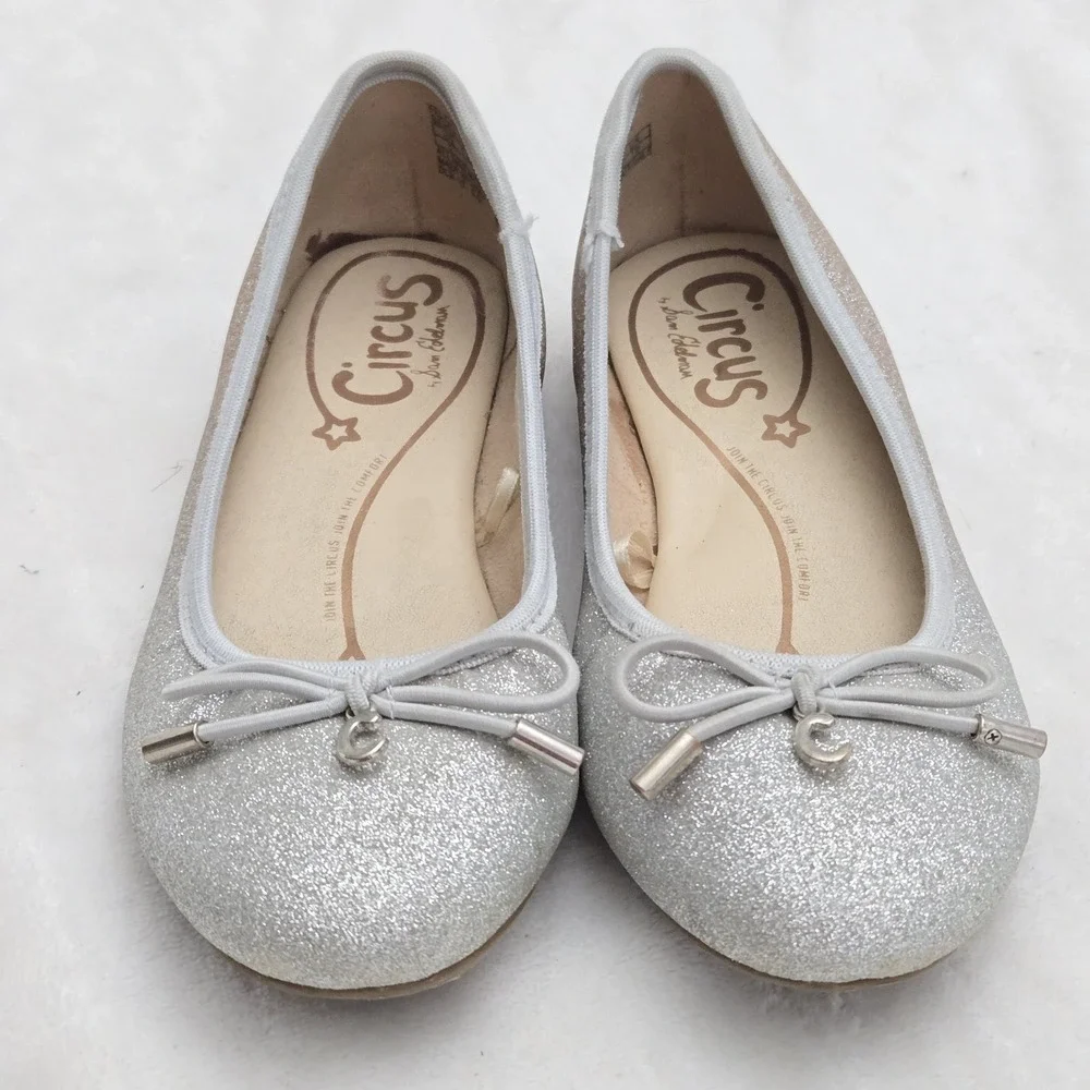 Circus by Sam Edelman Girl Ballerina Flats Silver Gold‎ Glitter Bow Sz 2